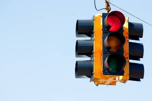red traffic light on power line