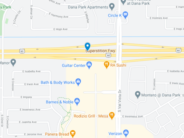 google map image of superstition freeway near val vista drive