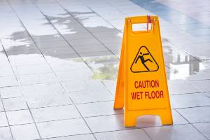yellow wet floor sign by spill inside