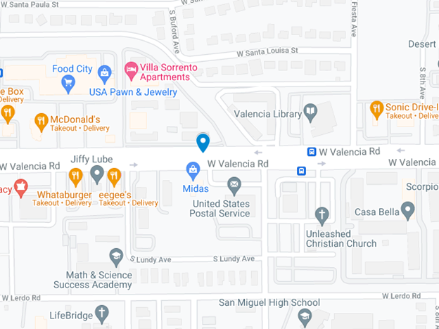 map showing area around West Valencia Road in Tucson